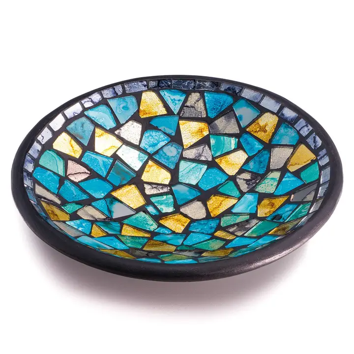 Master Keywords: Glasmosaik Schale Dekoobjekt, handgemachte Deko Bali, Fair-Trade Wohnaccessoires, Mosaik Deko türkis gold, nachhaltige Tischdeko, ethisch produzierte Glaskunst, Dekoobjekt aus Bali, irisierendes Mosaik
