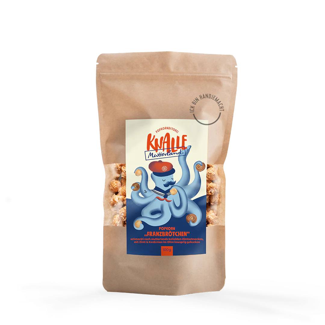 Franzbrötchen Popcorn von Mutterland Hamburg – knuspriges Gourmet-Popcorn mit Zimt und Kardamom in stylischer Verpackung.